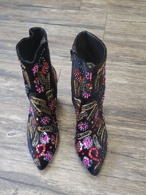 Loeffler Randall Black Velvet Embellished Floral Ankle Boots
